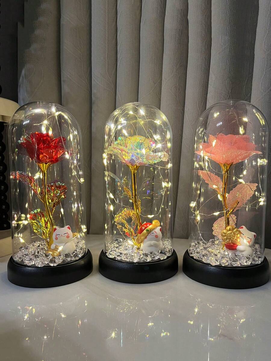 LED Glowing Rose Flower Lamp With Plastic Cover, Decorative Artificial Flower, Maneki-Neko (Lucky Cat) Home Decor, Desktop Ornament, Mother's Day/Graduation Gift, Birthday/Housewarming/Anniversary Present (Random Cat) - Multicolor - View 1