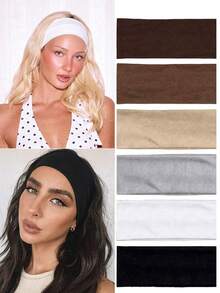 6pcs Women's Soft Elastic Wide Headbands, Solid Color Versatile Hairbands, Daily Casual Elastic Headbands, Yoga Fitness SPA Fashion Accessories - Multicolor - View 1
