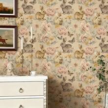 1 Roll Of Cute Animal Rabbit Plant Self-Adhesive Wallpaper, Sweet Little Rabbit Flower Printed Wallpaper, Suitable For Various Room Wall Furniture Background Wall Decoration, Tenant Furniture Wall Renovation, Easy To Stick And Remove - Plants and Animals - View 3