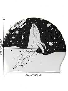 1pc Whale Print Decor Professional Silicone Swim Cap Large Size Comfort Fit Waterproof Long Hair Protection Unisex Adult Swimming - Black - View 5