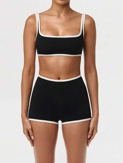 XLLAIS Contrast Trim Cropped Tank Top & Shorts 2 Pieces Set