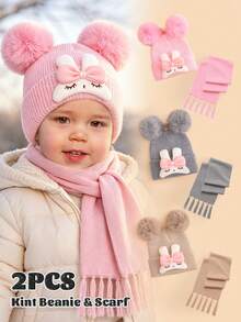 2pcs Baby Autumn/Winter Gift Set, Cute Squinting Rabbit Double Pom Pom Knitted Beanie & Matching Color Scarf Set, Suitable For Baby Girls Daily Wear And Warmth In Autumn/Winter - Multicolor - View 1