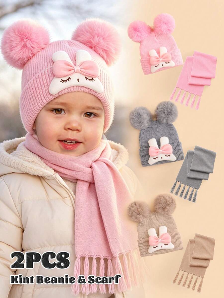 2pcs Baby Autumn/Winter Gift Set, Cute Squinting Rabbit Double Pom Pom Knitted Beanie & Matching Color Scarf Set, Suitable For Baby Girls Daily Wear And Warmth In Autumn/Winter - Multicolor - View 1