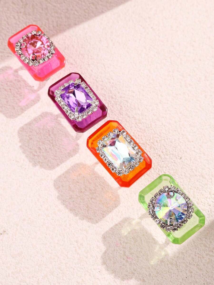 4pcs Vintage Creative Cute Casual Unique Y2K Millennium Style Design Rhinestone Resin Rings, Women's Daily Holiday Party Vacation Outfit Jewelry - Multicolor - View 1