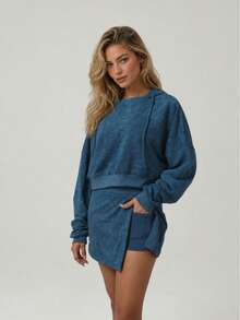 Women's Washed Blue Cropped Hooded Sweatshirt Drop Shoulder Loose Fit Drawstring Long Sleeve Daily Workout Casual Loungewear Athletic Top - Blue - View 9
