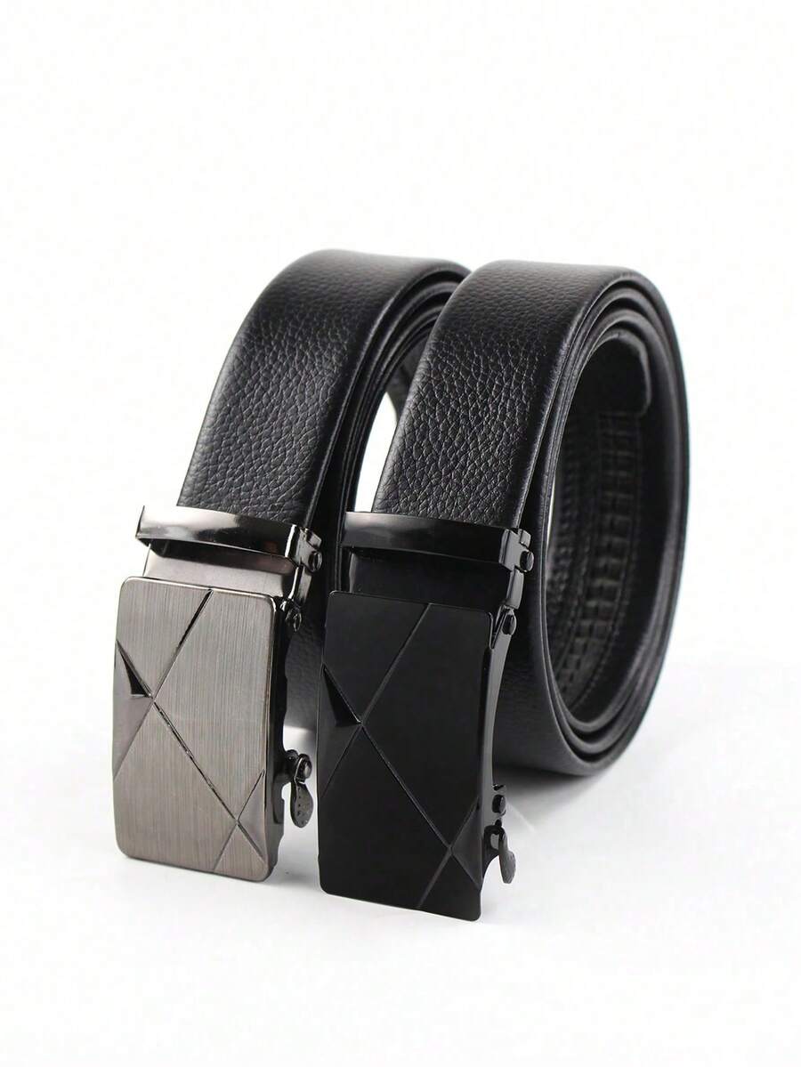 2pcs Fashion Automatic Buckle PU Business Men's Classic Smooth Black Gold Automatic Buckle Multi-Function Formal Casual Belt, Black Belt, Western Style, Men's Belt, Men's Accessories, Youth Belt, Black Gold Belt, Suitable For Youth, Young Men, Men, Casual, Outdoor, Sports, Vacation, Graduation Gift, Birthday, Daily Wear - 2-pack (glossy Black Slash + Silver Slash) - View 1