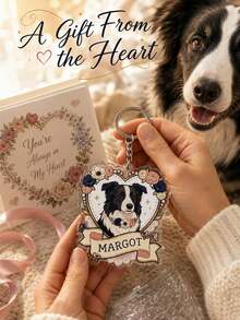 Personalized Photo Cartoon Portrait Keychain, Custom Pet Name Keepsake Bag Charm With Floral Heart Portrait, Gift For Pet Owners And Animal Lovers - Multicolor - View 5