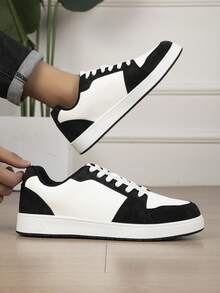 Men's Low-Top Lace-Up Casual Sneakers With Contrast Color Design, Suitable For All Seasons, Daily Wear, Commuting And Outings - White/Black - View 3
