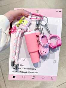 1pc DIY Keychain Set/Simulation Cup/Earphone 3 Pieces Set/Bag Pendant/Wife Car Key Accessory/Bag Accessory/Best Gift Choice (Slipper Pendant Left And Right Feet Randomly Placed, Not Fixed) - Multicolor - View 1