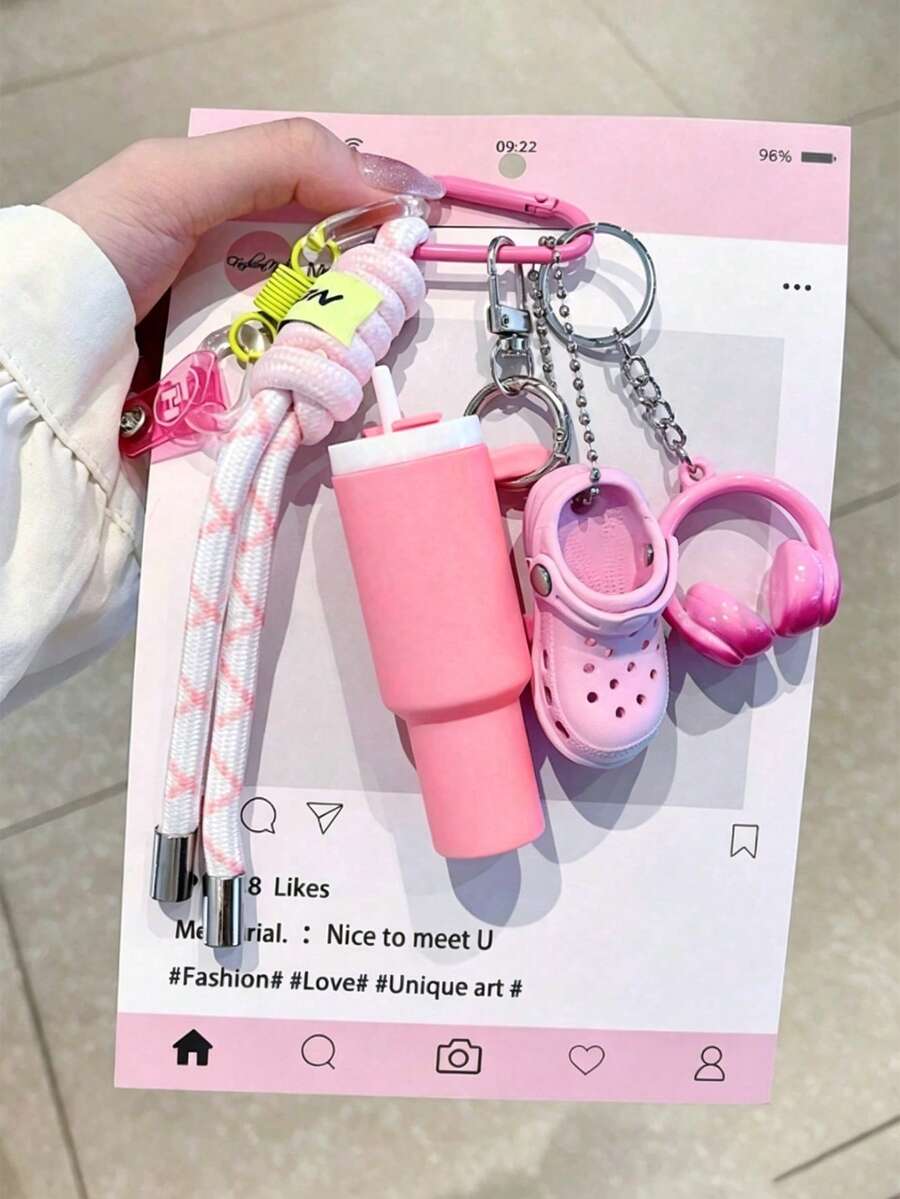 1pc DIY Keychain Set/Simulation Cup/Earphone 3 Pieces Set/Bag Pendant/Wife Car Key Accessory/Bag Accessory/Best Gift Choice (Slipper Pendant Left And Right Feet Randomly Placed, Not Fixed) - Multicolor - View 1