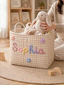 Personalized Quilted Baby Storage Basket, Customized Baby Baptism Gift, Neutral Nursery Toy Storage Bin - Multicolor - View 5