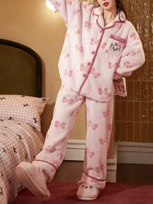 Gongdie Disney 2pcs  Marie Women's Fleece Pajama Set, Winter White Soft Thick Loungewear With Pink Contrast Trim And Pockets - Pink - View 10