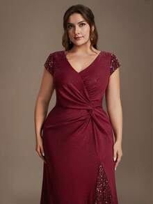 Gaun Pesta Pernikahan Romantis Warna Burgundy Ukuran Besar, Desain Leher V dengan Lipatan di Bagian Dada dan Hiasan Payet untuk Pesta Musim Gugur - Burgundy - View 6