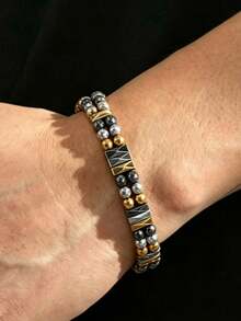 1pc Men's Tiger Eye & Black Onyx Beaded Woven Bracelet, Adjustable, Suitable For Daily Wear, Outings, Matching Accessories, Gift - Multicolor - View 1