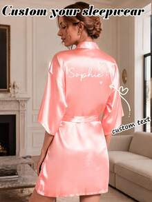 1Pc Custom Text Name Robe Personalised Black Heart Print Women Night Wear Sleepwear Kimono Bathrobe Gift For Girlfriend - Pink - View 2