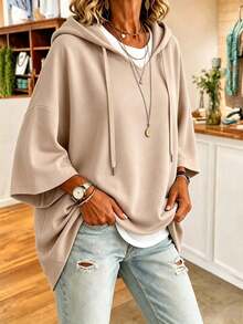 Plus Size Women's 3/4 Sleeve Hooded Drawstring Pullover Sweatshirt, Regular Length Casual Top, Comfortable For Autumn/Winter Wear - Khaki - View 3