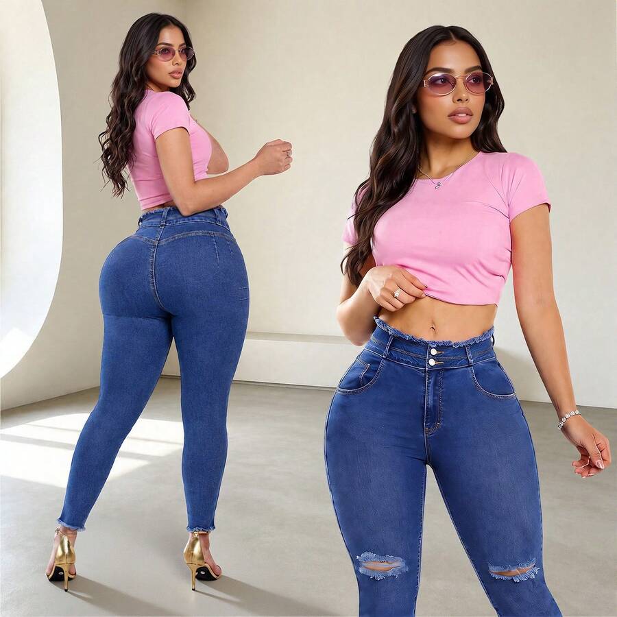 Plus Size Women's Slim Fit Denim Jeans, Long Washed Denim Jeans, High Elasticity Fabric, Frayed Waistline - Blue - View 1