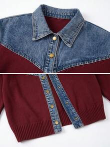 Wixra Denim Yoke Patchwork Button Front Cardigan, Lapel Collar Long Sleeve Color Block Knit Outerwear For Fall - Burgundy - View 7