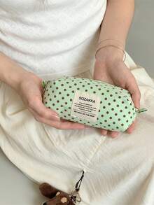 1pc Beige Background Black Polka Dot Canvas Pencil Case, Girls Style Stationery Storage Bag - Multicolor - View 7