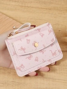 Fashionable Bow Printed Credit Card Bag, Ultra-Thin And Convenient ID Window ID Bag With Zipper And Buckle, Portable Credit Card Bag - Pink - View 1