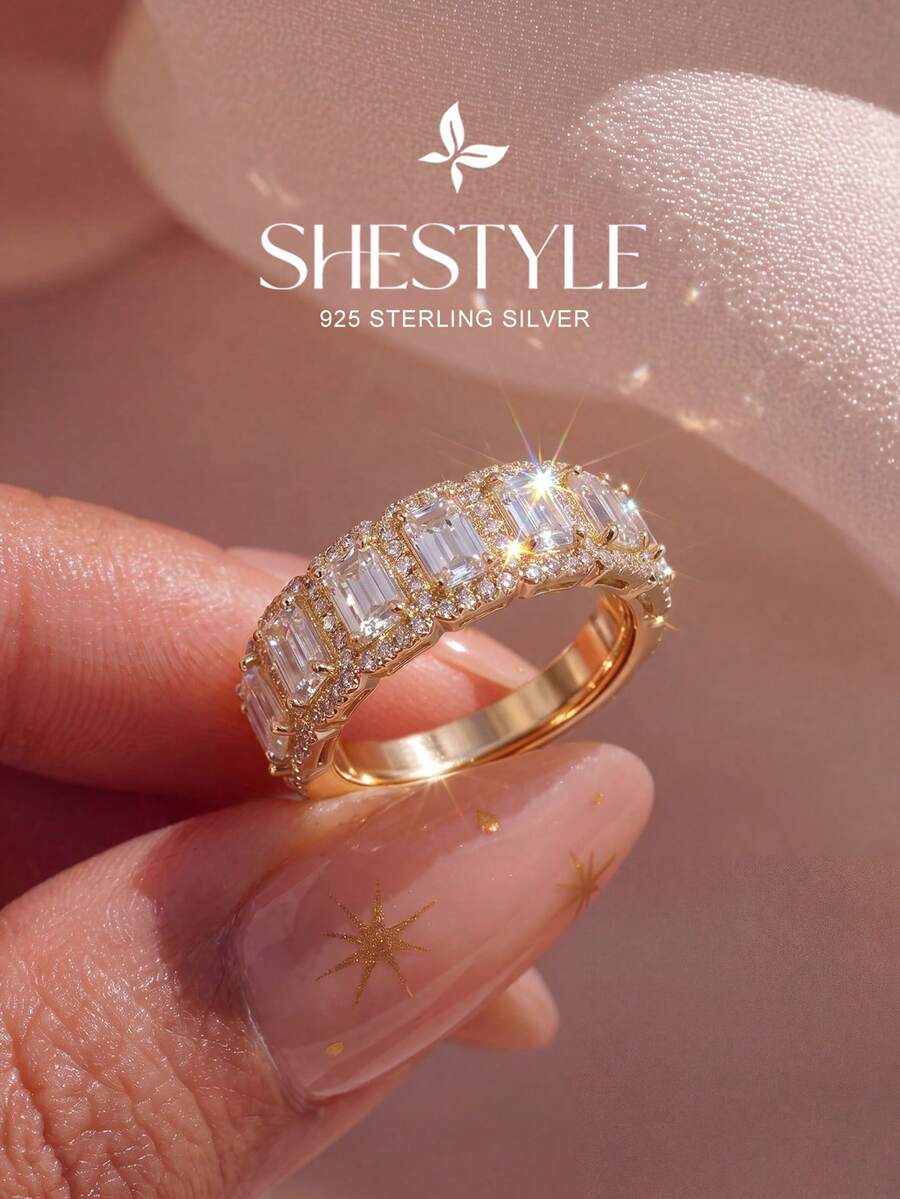 1pc 925 Sterling Silver Semi-Circle Inlaid Rectangular Ring, Elegant Gift For Women, Suitable For Dates, Parties, Anniversaries