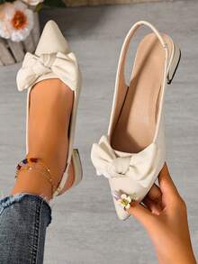 Elegant Women's High Heels, Pointed Toe Chunky Heel Elastic Back Strap Dress Shoes, Suitable For Party, Wedding - Beige - View 2