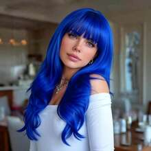 70cm Royal Blue Long Curly Wig With Bangs, Fluffy Natural Full Head Cover, Comfortable And Breathable, Suitable For Daily Wear, Festivals, Parties, Music Festivals, Halloween, Christmas Wear And Costume - Blue - View 5