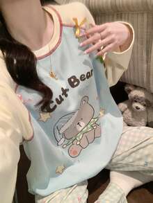 2pcs Women's Pajama Loungewear Set, Cute Pattern Print Pullover Round Neck Simple Long Sleeve Long Pants, All Season Wear - Multicolor - View 5