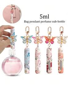 1/2/4pcs Crystal Butterfly Pendant Perfume Spray Bottle With Keychain, Floral Butterfly Print Pattern Makeup Bottle, Women's Bag Charm, Bottom Fillable Perfume Refill Tool, Birthday Gift, Holiday Gift, Suitable For Travel, 5ml - Multicolor - View 1