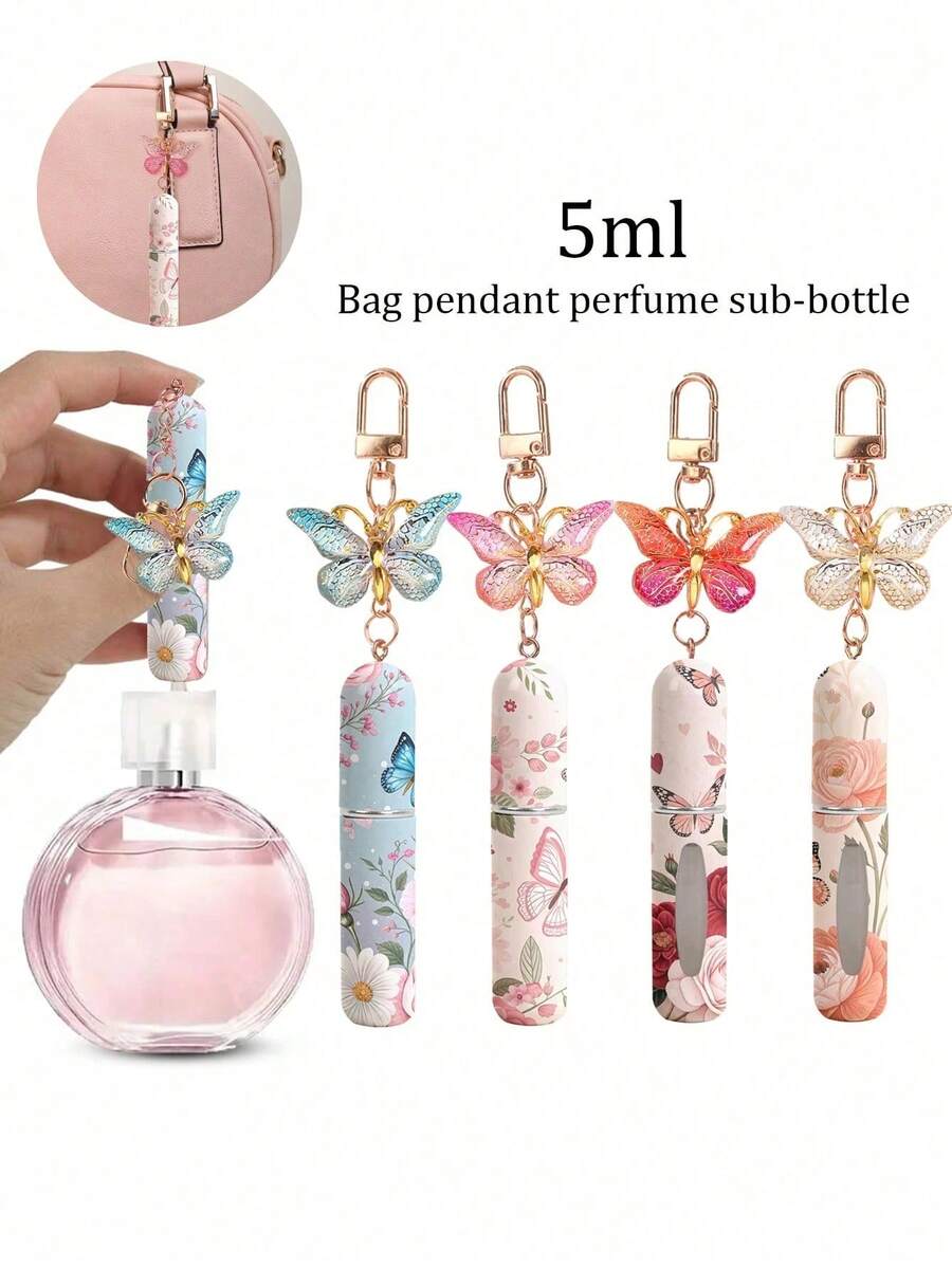 1/2/4pcs Crystal Butterfly Pendant Perfume Spray Bottle With Keychain, Floral Butterfly Print Pattern Makeup Bottle, Women's Bag Charm, Bottom Fillable Perfume Refill Tool, Birthday Gift, Holiday Gift, Suitable For Travel, 5ml - Multicolor - View 1