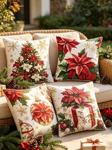 Christmas Decorative Pillow Covers (4pcs/1pc) - Printed With Christmas Red, Christmas Tree, Christmas Ball And Gift Box Patterns, Suitable For Sofa Or Bedroom; Made Of Soft, Durable, Washable And Fade-Resistant Fabric; Christmas Home Decor (Pillow Insert Not Included) - Multicolor - View 3