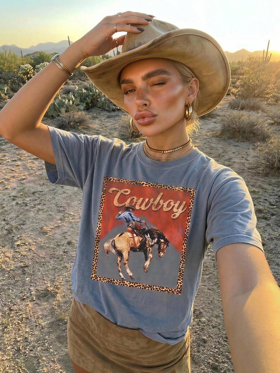 Vintage Cowboy Print Washed Cotton T-Shirt - Grey - View 1