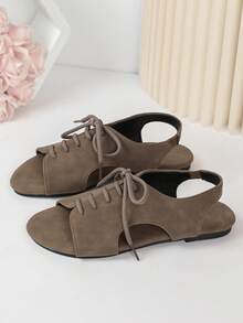 Women's Faux Suede Lace-Up Open Back Flat Sandals, Open Toe Hollow Out Summer Autumn Daily Commute Shoes - Brown - View 4