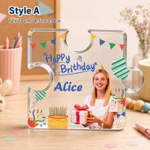 1pc Custom Puzzle‑Shaped Acrylic Photo Plaque, Personalized Photo And Text Desktop Ornament, Happy Birthday Keepsake Tabletop Sign,Unique Gift For Friends Family,Birthday Memories Display - Multicolor - View 11
