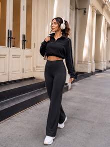 Women's High Waist Wide Leg Yoga Pants, Loose Fit Fitness Training Pants, Autumn Style - Black - View 10