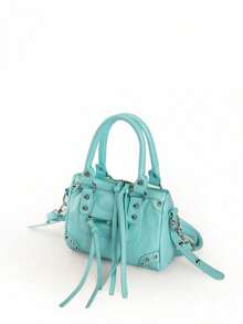 Women's Mini Biker Style Top Handle Bag, Punk Rivet & Tassel Decor Faux Leather Crossbody Purse, Y2K Streetwear Handbag - Baby Blue - View 4