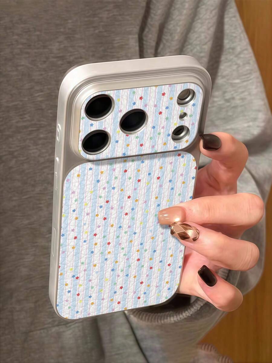 1pc New Ins Style Light Blue & Pale Pink Vertical Stripes With Scattered Macaron Colorful Small Stars Pattern Phone Case, Large Window Metallic Paint Premium Texture Faux Leather PU Leather Anti-Drop Protective Cover Compatible With IPhone 17/17Pro/17ProMax/16/16Pro/16ProMax/16Plus/15/15Plus/15Pro/15ProMax/14/14Pro/14ProMax/13/13Pro/13ProMax/12/12Pro/12ProMax/11/11ProMax/XR/XS/XSMAX, Shockproof Anti-Collision Soft Shell - Multicolor - View 1