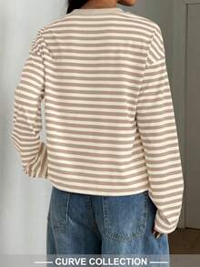 Women's Striped Round Neck Long Sleeve Plus Size Knit T-Shirt, Regular Length Medium Stretch, Comfortable Autumn Basic Top - Khaki - View 6