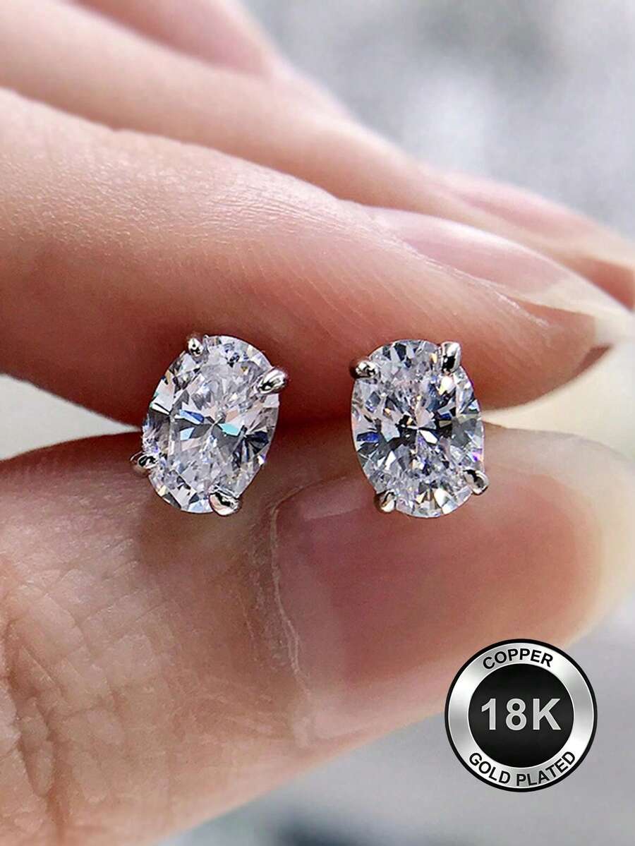 A Pair Of Elegant Oval Cubic Zirconia Earrings, Perfect For Women, Making Them A Great Gift For Weddings, Engagements, Parties, And Valentine's Day. - Multicolor - View 1