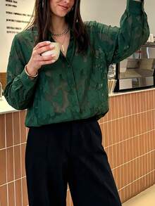 Women's Pure Green Sheer Embroidered Shirt, Collared Long Sleeve Button Front Blouse For Business, Office, Commute, Holiday, Daily, Spring Fall Winter - Dark Green - View 9