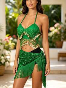 Carnival Dance Metal Disc Halter Chest Ornament, Long Tassel Hip Decor Scarf (Multiple Colors Available) - Multicolor - View 14