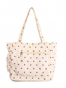 Black Polka Dot Bow Large Capacity Tote Handbag, Multi-Pocket Layered Storage Design, Durable Canvas Material, Simple And Practical For Daily Commute And Travel, Men's Casual Shoulder Storage Bag - Multicolor - View 13
