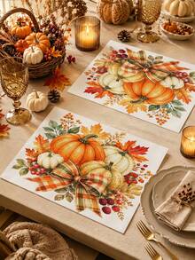 Thanksgiving Autumn Table Runner, Watercolor Pumpkin Berry Bow Pattern, Rustic Country Style, Autumn Holiday Dining Table Decor, Maple Leaf Pine Cone Floral Print, Linen Texture Tablecloth, Dining Room Kitchen Home Decor - Multicolor - View 5