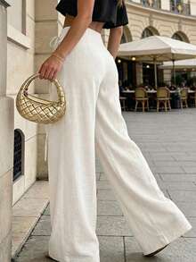 Perirose Minimalist Light Beige Wide Leg Pants, Single-Side Tie Design, Suitable For Spring/Summer Office Commute - White - View 2