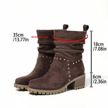 DENGWEISI Brown Rivet Punk Women's Boots, Chunky Mid-Heel Square Toe, Comfortable Versatile Office Commute Daily Vacation Holiday Street Spring Autumn Fashion Mid-Calf Boots - Coffee Brown - View 8