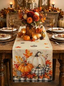 Thanksgiving Kitchen Decor Table Runner, Throw Pillow, Placemats, Autumn Black & White Plaid Pumpkin Maple Leaf Berry Pattern Table Runner, Farmhouse Rustic Vintage Style Dining Table Kitchen Decoration - Multicolor - View 1