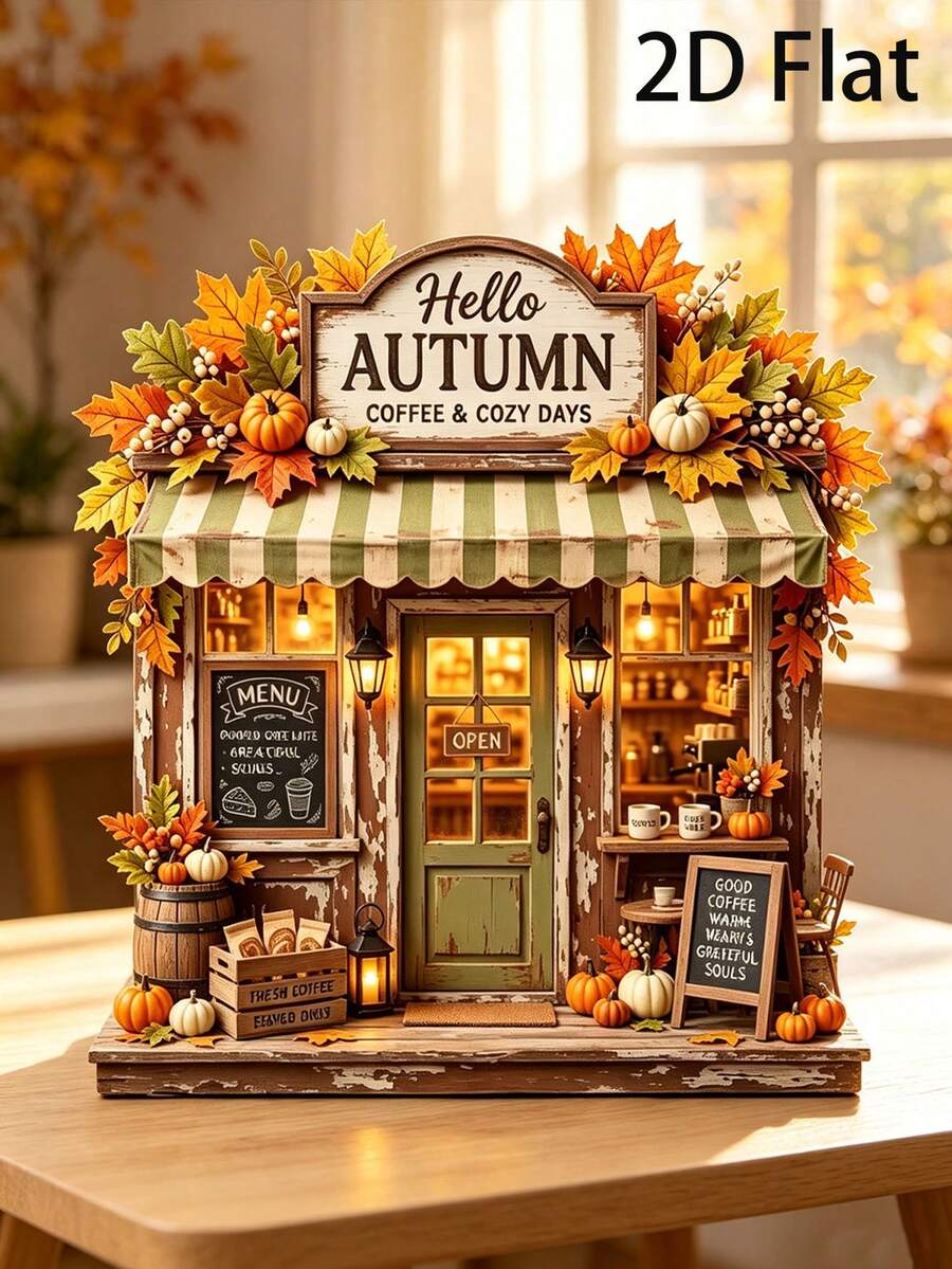 2D Flat Autumn Coffee Shop Decor, 2D Flat, Autumn Farmhouse Style Coffee Bar Decor, Rustic Pumpkin Wooden Storefront Sign, Cozy Autumn Multi-Layer Tray Decor - Multicolor - View 1