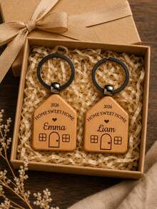 1pc Personalized Wooden House Keychain, Custom Engraved Name & Text Key Ring, Suitable For Couples And Families, Valentine's Day, Anniversary And Housewarming Gift - Multicolor - View 5