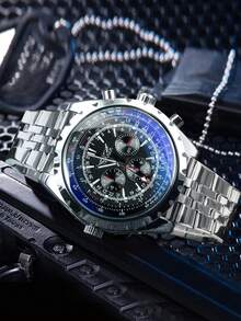 JARAGAR 1pc Men's Automatic Mechanical Sports Watch, Multi-Function Date Display, Stainless Steel Band, Business Fashion Men's Watch, Top Brand Wristwatch - Black - View 3