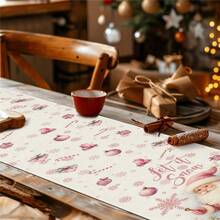 1pc Pink Santa Claus Christmas Ball Pine Branch Berry Gift Snowflake Print Rectangular Table Runner, Christmas New Year Decoration Tablecloth, Suitable For Kitchen Dining Table Home Holiday Decor, Indoor Outdoor Family Gathering Party Supplies - Pink - View 6